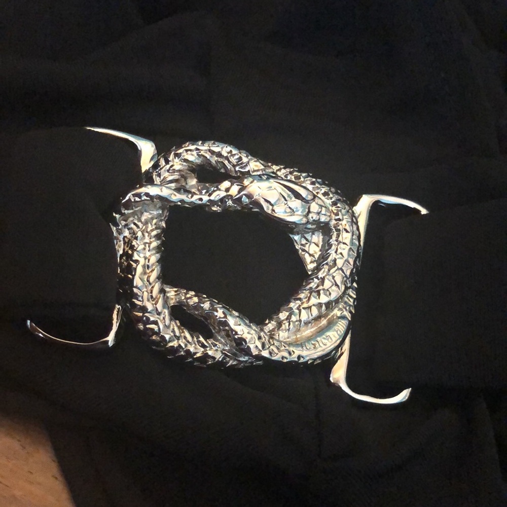 Cavalli black slim snake belt dress w/ gathered front skirt & plunging neckline